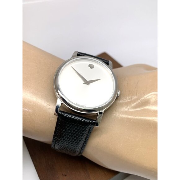 Movado Men's Watch 2100001 Swiss Quartz Silver Dial Black Leather Band 39mm - Picture 6 of 14